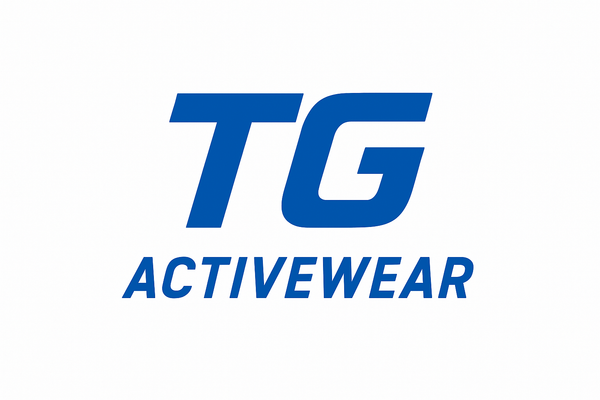 logo for TG Active wear in white bakcground and blue letters